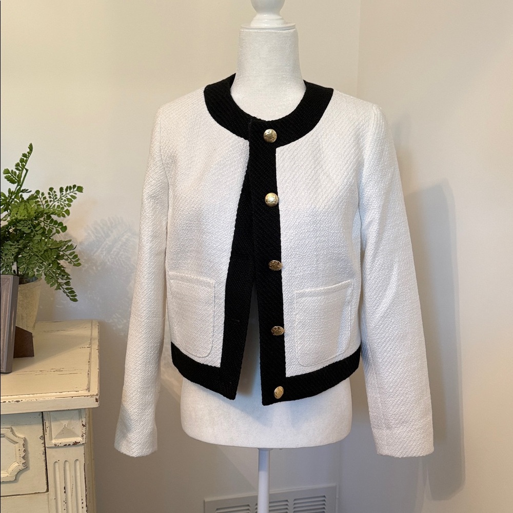 J. Crew White Tweed Jacket with Black Trim and Gold Buttons